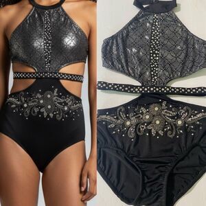 Reverence solo Custom black silver strappy dance costume leotard LA-Large adult